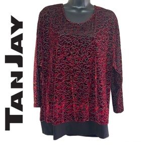 Tanjay Red/Black Velvet Burnout Detail Long Sleeve Blouse Size L